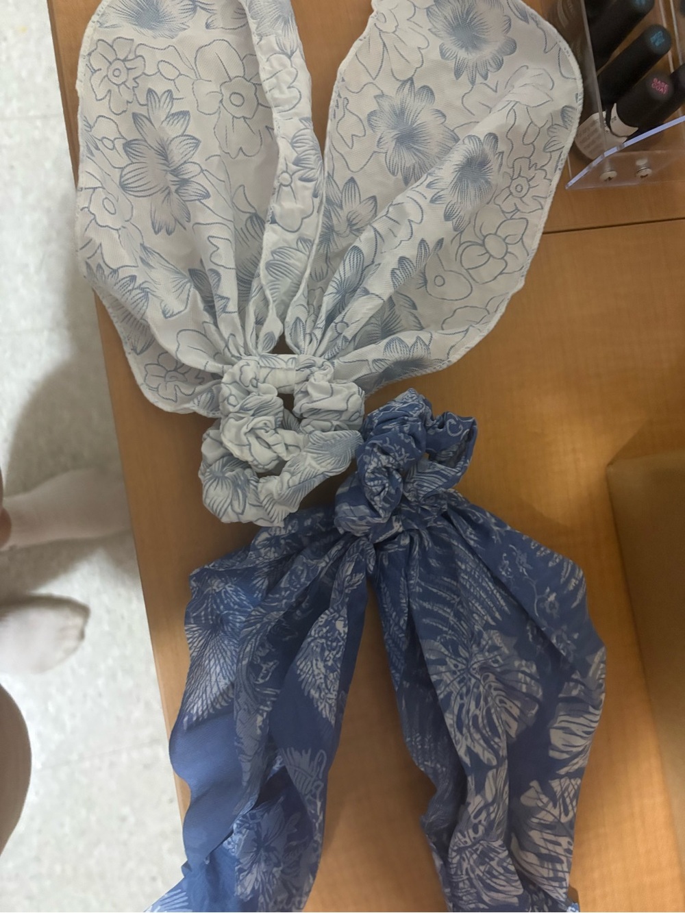Blue and White Floral Scarf Scrunchie Set - Women's Hair Accessory